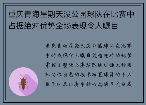 重庆青海星期天没公园球队在比赛中占据绝对优势全场表现令人瞩目