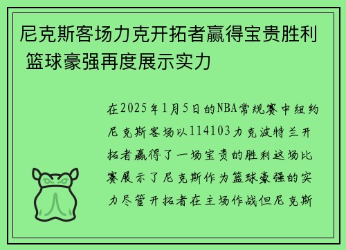 尼克斯客场力克开拓者赢得宝贵胜利 篮球豪强再度展示实力