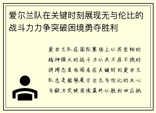 爱尔兰队在关键时刻展现无与伦比的战斗力力争突破困境勇夺胜利