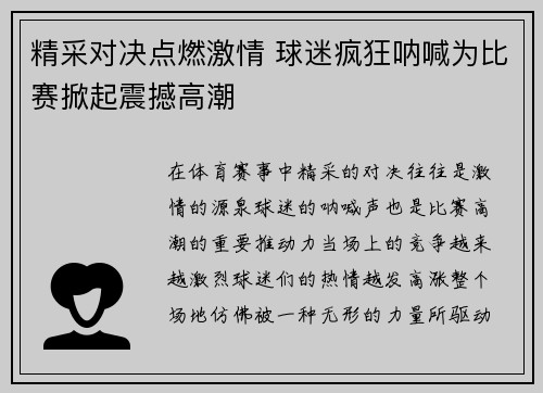 精采对决点燃激情 球迷疯狂呐喊为比赛掀起震撼高潮